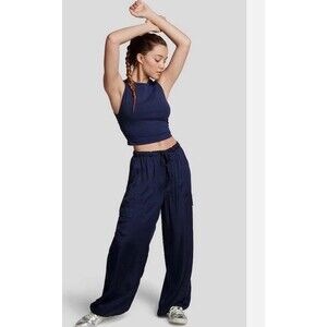 Victorias Secret PINK Blue Satin Cargo Pants Pockets Drawstring Athleisure Sz S